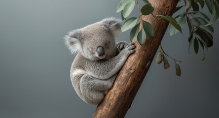 Fototapeta premium Peaceful koala baby wrapped around eucalyptus branch