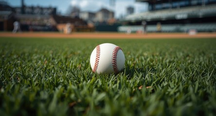 Close up of a baseball placed on dense green grass with a blurred field scene and room for text