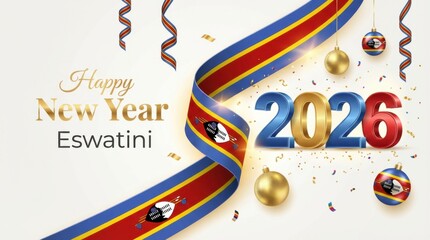 Fototapeta premium eswatini new year 2026 banner with waving ribbon in national flag colors