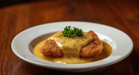Breaded schnitzel with thick cheese sauce for a decadent taste