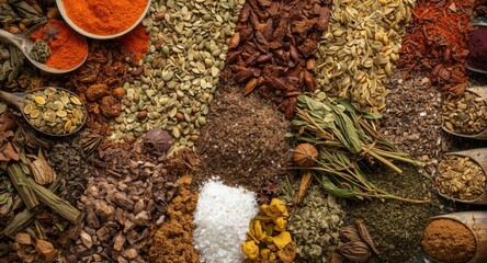 Cooking herbs and varied salts displayed as an aromatic Indian spice background