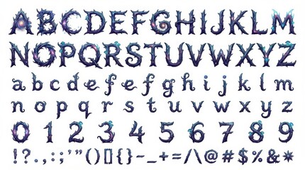 Obraz premium font alphabet in cosmic thorn forest spirit decorative style from a to z numbers punctuation isolated on white background