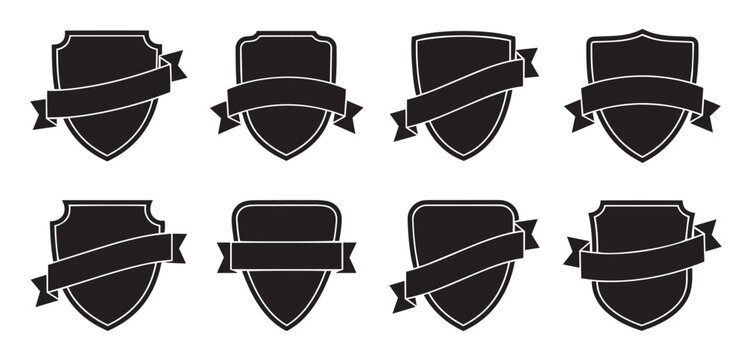 Vintage blank shield badge logo set with ribbon banners, Heraldic crest emblem collection vector