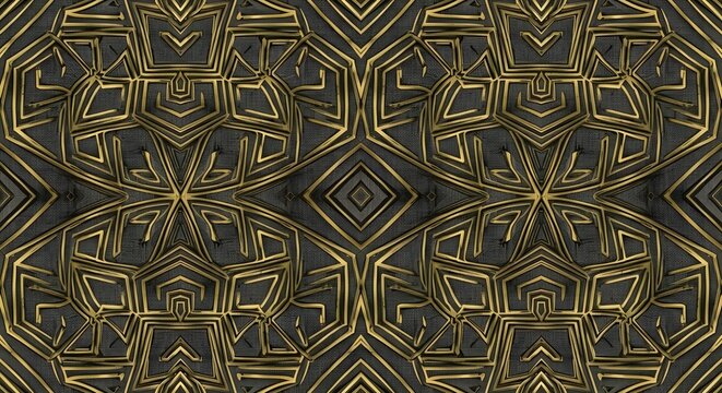 Horizontal Elegant seamless textile pattern featuring refined geometric symmetry with soft metallic gold effect on deep neutral background. Designed for luxury upholstery, premium cushion covers, curt