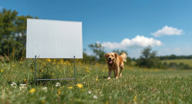 Blank yard sign standing in lush green grass on a sunny summer day with a friendly pet playing nearby