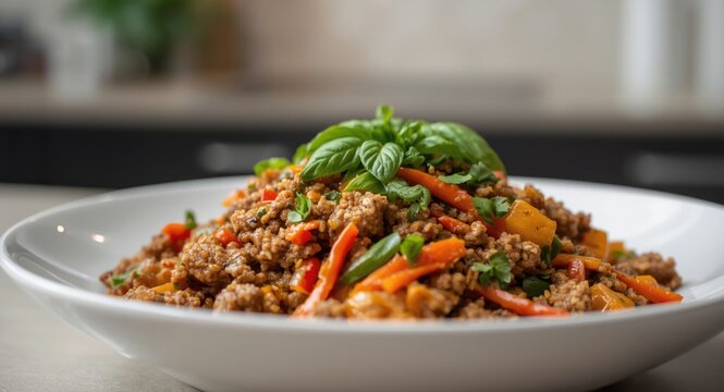 colorful stir fried ground pork topped with green basil