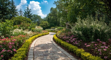 Obraz premium Serene outdoor garden path featuring stone pavers and colorful ornamental plants with rich green borders