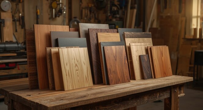 Different particle board panels displayed for furniture making and woodworking
