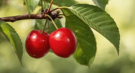 Obraz premium Bright red cherry plum fruit on flourishing tree branch