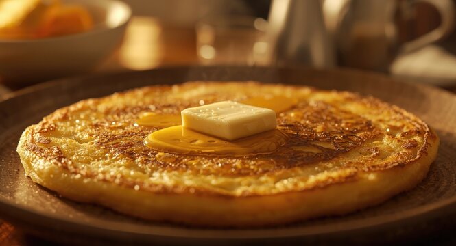 Typical Brazilian Beiju tapioca pancake served hot with butter spread