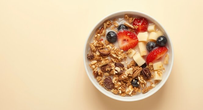 Wholesome breakfast bowl combining muesli nuts fresh fruits and milk for optimal energy