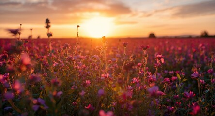 Obraz premium Flower filled plain radiating warmth from setting sun