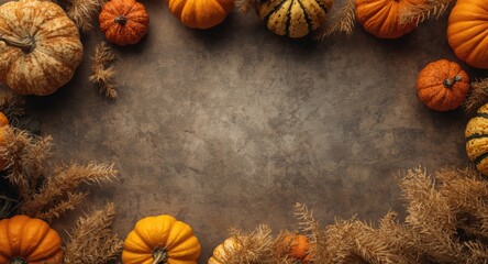 Fototapeta premium Top angle of empty mockup space incorporating miniature pumpkins and dried grass for a seasonal Halloween mood