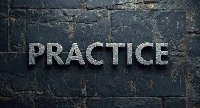 Prominent stone bearing the phrase practice makes perfect against a textured stone wall background