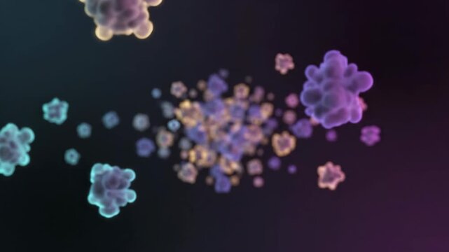 Abstract, luminous, cellular or microbial structures floating in a dark, ethereal, and slightly blurred background, with soft gradients of purple, pink, and teal