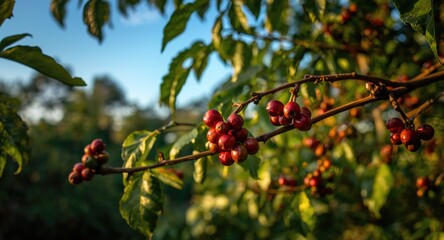 Fototapeta premium Coffee cherries nearing harvest nestled in sun-drenched branches surrounded by lush greenery