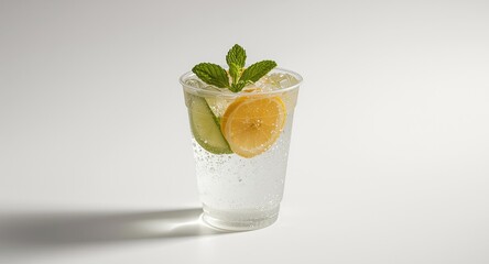 Fototapeta premium Sparkling citrus water with fresh mint in plastic cup positioned on a smooth white background