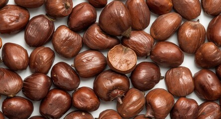 Natural fresh brown chestnuts isolated on bright white backdrop