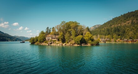 Obraz premium Natural island lake with surrounding trees and village houses
