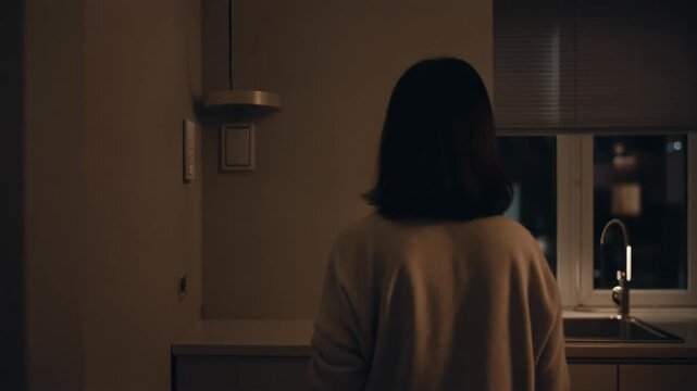 夜のキッチン、暖色の天井灯が灯る室内。
中年人物が壁のスイッチに手を伸ばし、ためらいの後に消灯。
室内は窓から差し込む街灯の光だけが残る。
電気代高騰や節電意識を象徴する静かな生活ドキュメント映像。