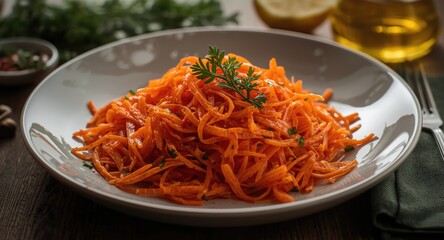 Simple grated carrot salad accented by lemon and smooth olive oil in French fashion