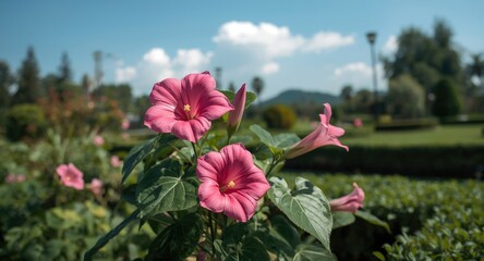 Ipomoea carnea with vivid pink flowers growing in cultivated garden