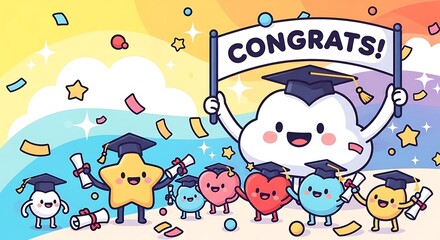 Obraz premium Congratulatory illustration featuring cartoon characters