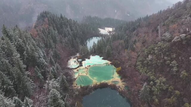 Aerial View of Logs Submerged in Turquoise Lake and Calcification pool