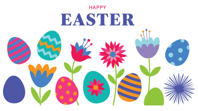 Colorful Easter eggs and flowers celebrate the holiday cheerfully