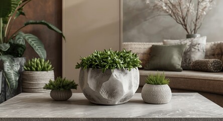 Naklejka premium Sophisticated living room vignette with cement sculpture pot and natural elements
