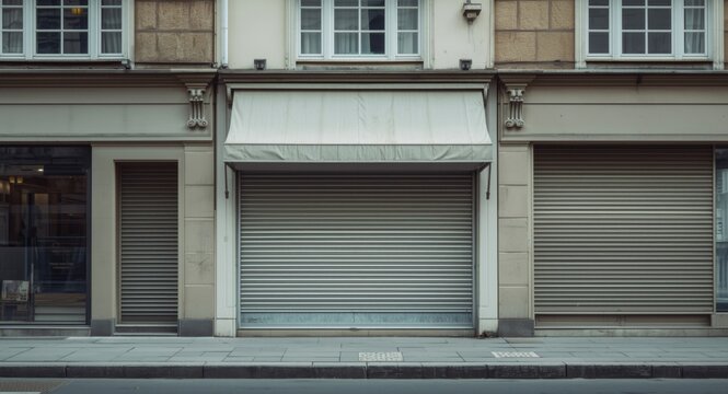 Unoccupied shop facades showing lowered blinds and closed entrance shutters