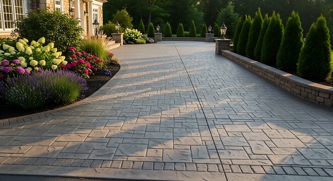 Elegant Driveway Leading to a Luxurious Estate with Landscaping.