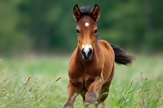 Stot shows a spirited foal sprinting across a lush green field perfect for promotions.