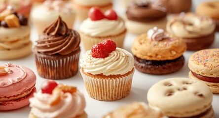 White background showcasing closeup of delicious fresh bakery desserts