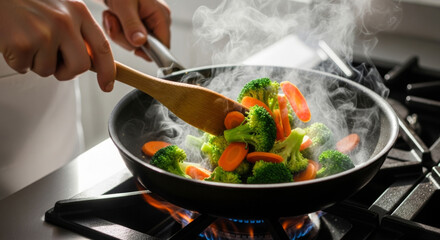 Chefs Hand Stirs Vibrant Broccoli and Carrots in a Sizzling Pan, Creating an Appetizing Stir-fry with Aromatic Steam Rising