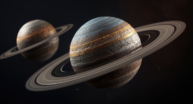 Artistic 3D planetary models with shining rings decorating their surfaces