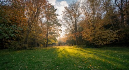 Fototapeta premium Warm autumn day in forest with sunlight casting golden hues over grass and sky