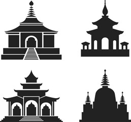 Obraz premium Black temple silhouette vector set, for Asian culture travel, religious architecture, and ancient landmark building tourism
