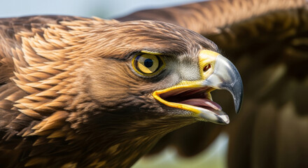 Close-up of a Majestic Golden Eagle, Showcasing Detailed Feathers and Striking Yellow Eyes in a Natural Setting