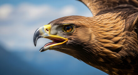 Obraz premium Majestic Golden Eagle in Mid-flight, Displaying Its Powerful Beak and Piercing Gaze Against a Blurred Background