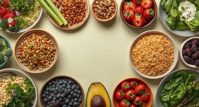 Vegan ethical eating choices with plant based meals including fruits grains legumes nuts and vitamin rich vegetables