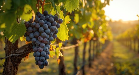 A vibrant cluster of ripe purple grapes hanging from a vine in a sunny vineyard during harvest