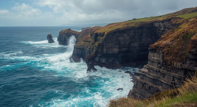 Crashing ocean waves hitting jagged stone cliffs on a remote island coast