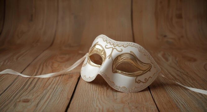 white and gold masquerade mask showcased on natural wooden backdrop with muted studio light