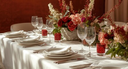 Fototapeta premium Summer ambiance table setting with white and red linens for decorative use