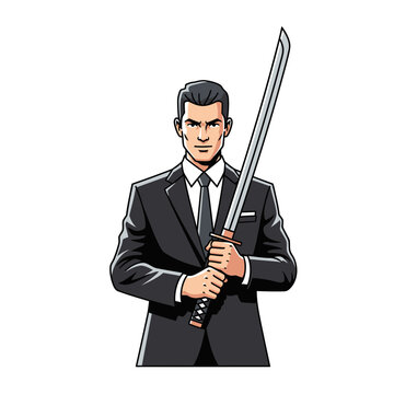 Businessman holding a katana sword, symbolizing power, strategy, and decisive action.