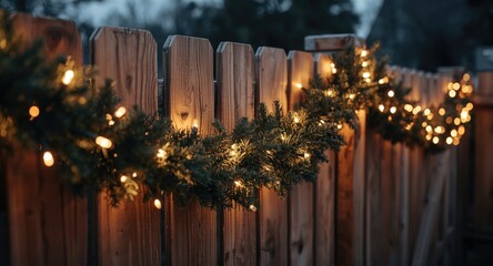 Obraz premium Wooden fence wrapped in radiant garland lights for comfortable outdoor decor