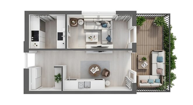 Modern Apartment Floor Plan with Balcony and Open Living Space.