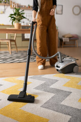Fototapeta premium young woman cleaning her cozy apartment while enjoying her day