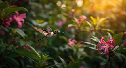 Fototapeta premium Vibrant hummingbird with pink blossoms flying through lush tropical woodland